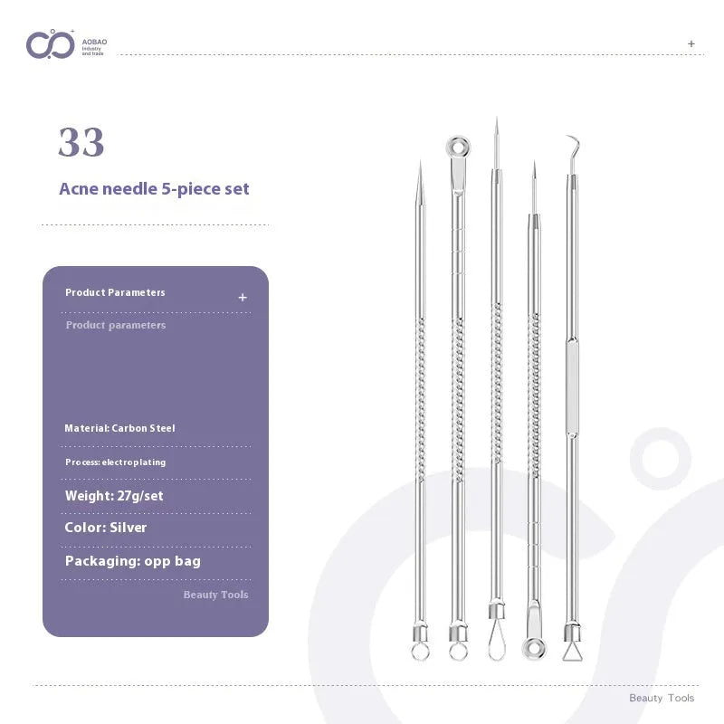 Four metal acne needles with ultra fine points stored in a black plastic clip.