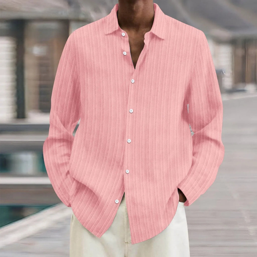 Men's striped cardigan long sleeve shirt with 3D pattern design in chemical fibre blend fabric
