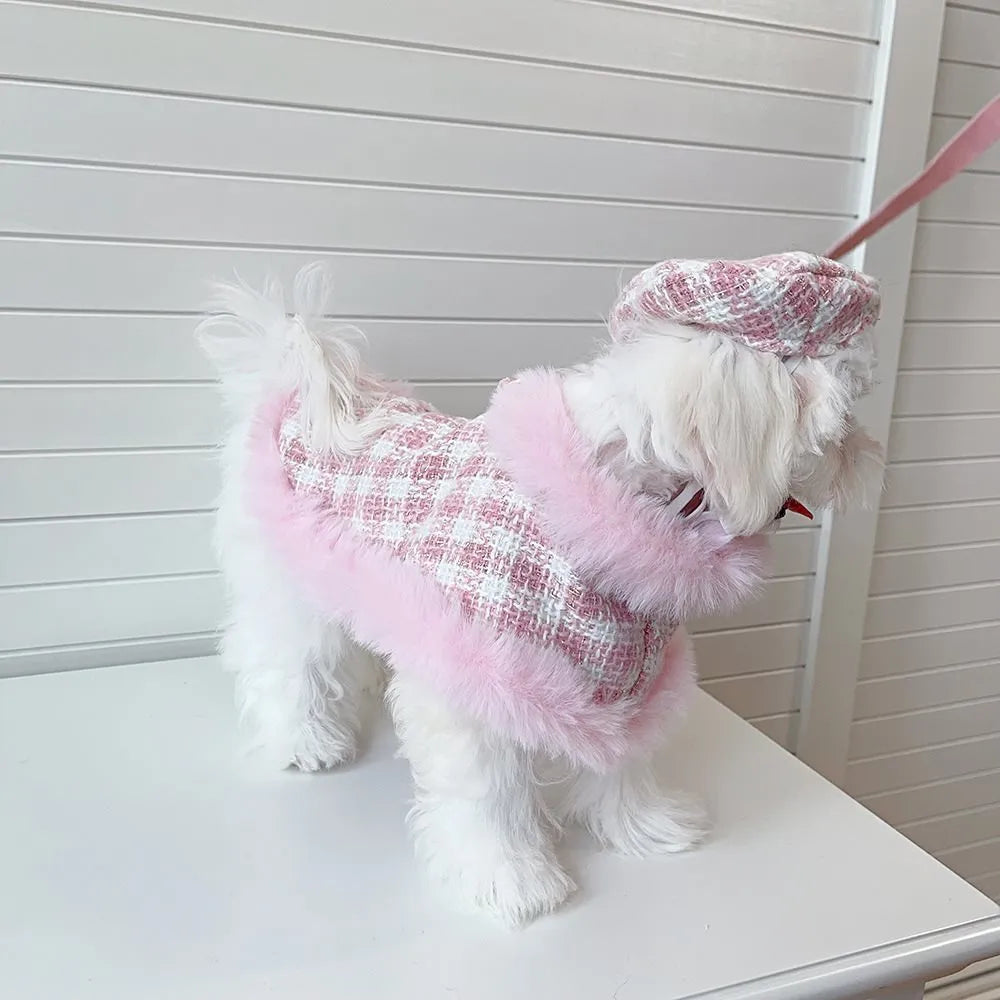 Pink polyester cat clothing set with beret and cape accessories in five sizes