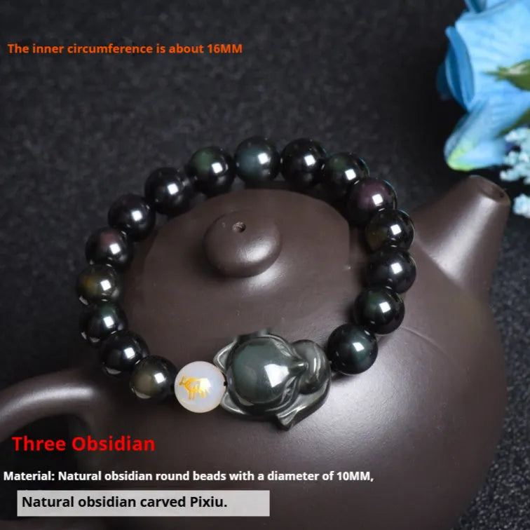 Natural obsidian bracelet with zodiac guardian design and 10mm stone beads