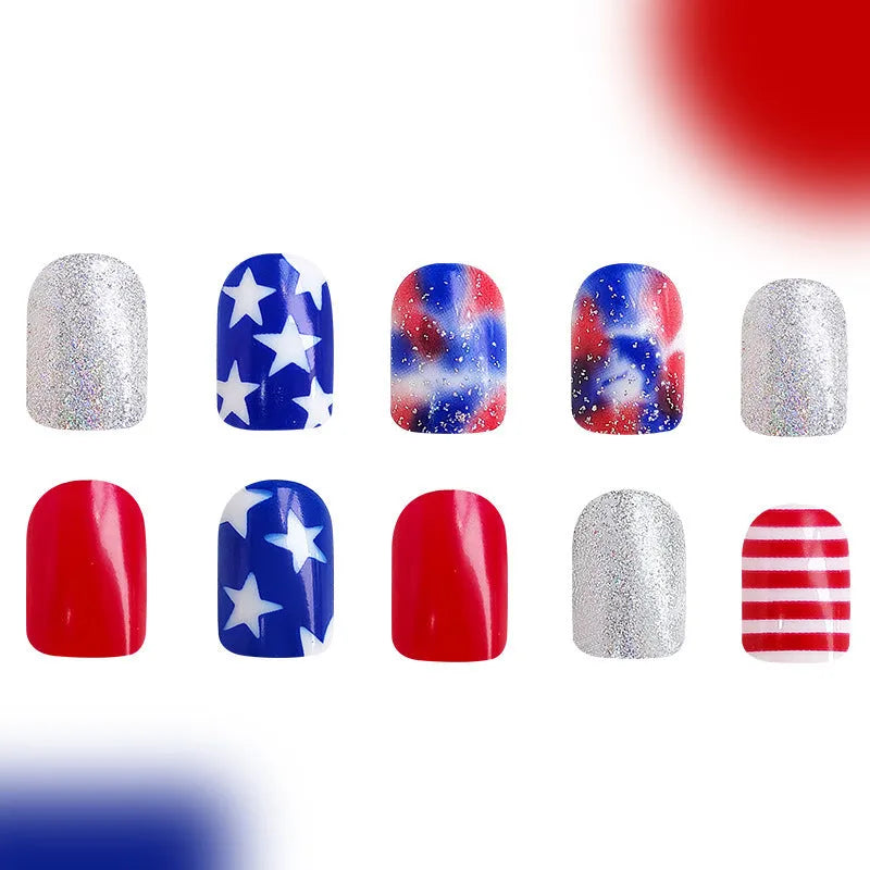 Independence Day combination nail art stickers with American five-pointed star patterns in short European square style