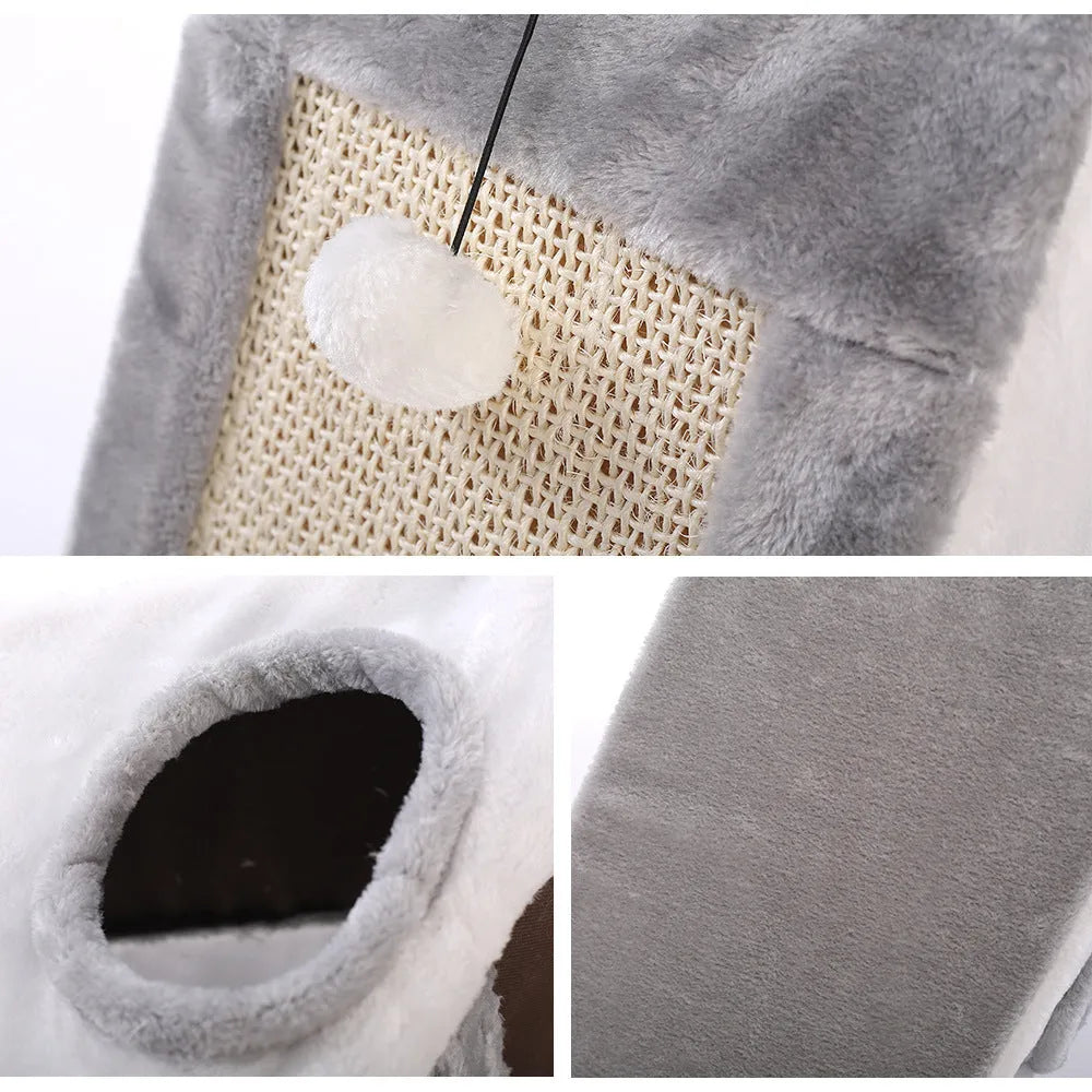 Triangular grey and white cat bed with sisal scratching posts on the sides.