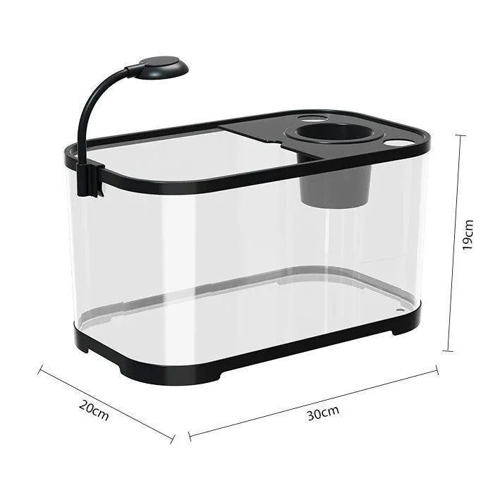 Desktop ecological fish tank in luxury black with integrated landscape filter and oxygenator.