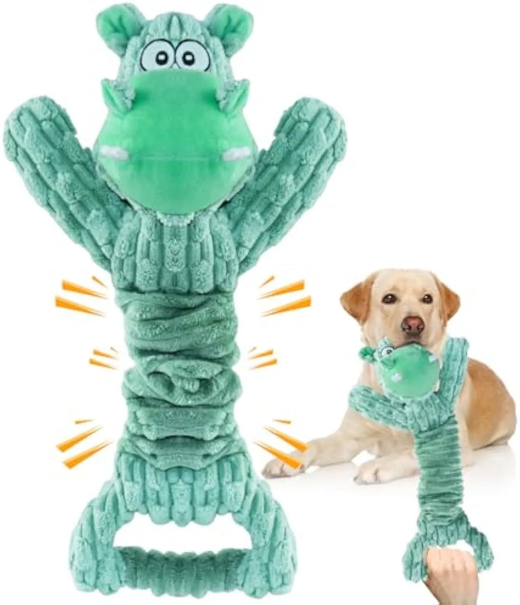 Large plush squeaky dog toy with telescopic handle in hippo or monkey design for interactive indoor play
