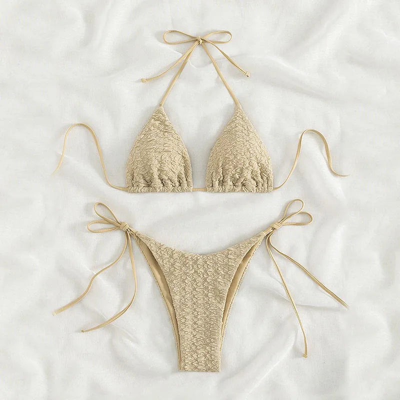 Women's khaki high waist bikini with side lace-up detail on a mannequin.