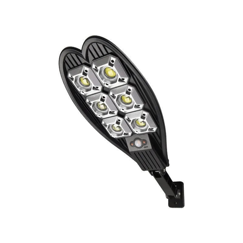 White six-eyed solar-powered outdoor garden lamp with remote control on a stand.