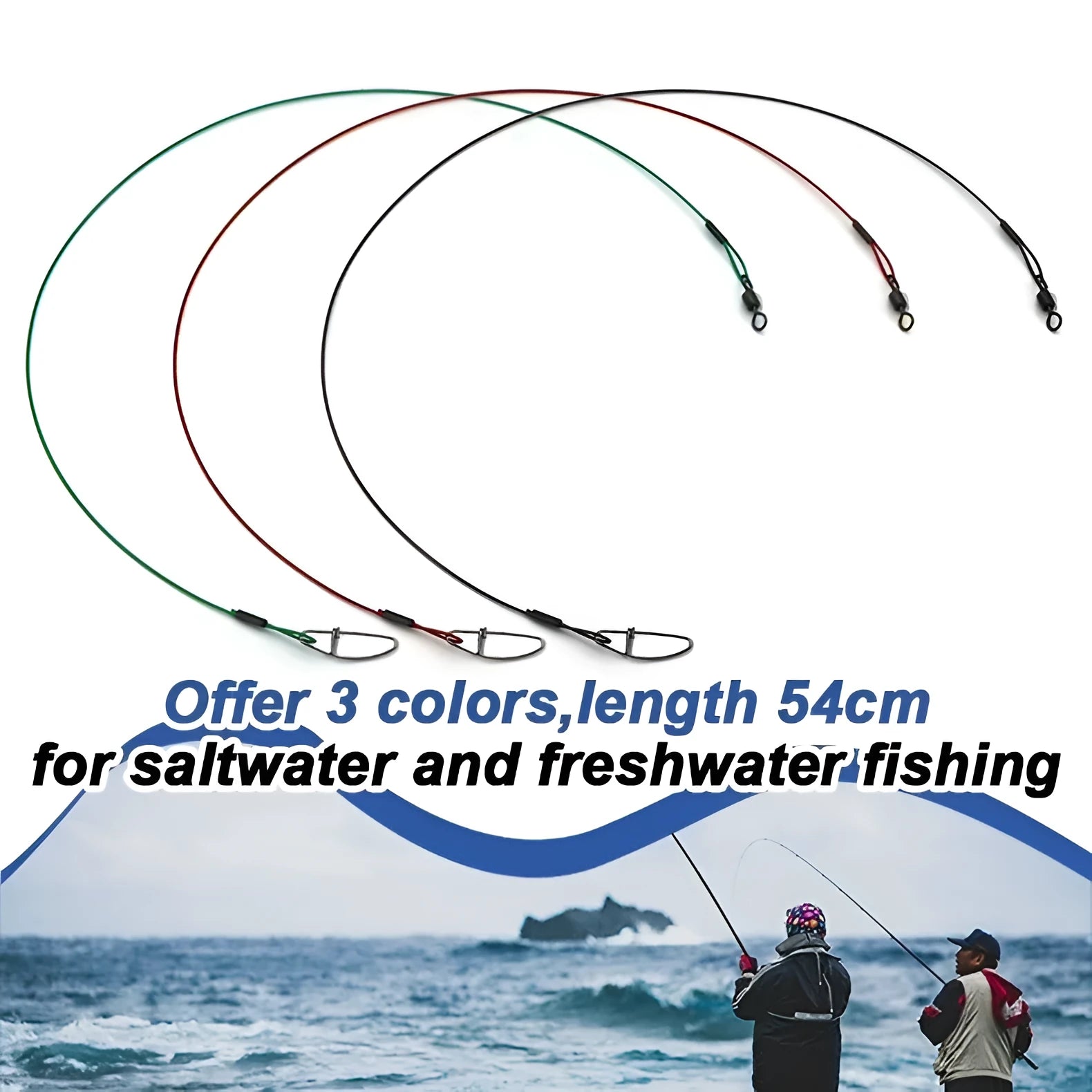 10 anti-bite steel wire fishing double buckle pins in green black red colours measuring 54cm long