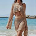 Women's khaki holiday clothing set with bell sleeve top and matching skirt