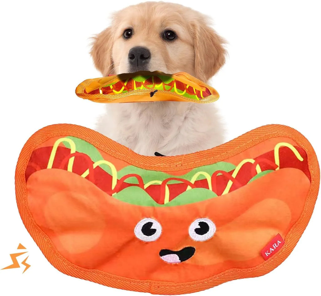 Red and yellow hamburger-shaped dog chew toy with dual crinkle and squeak sounds.