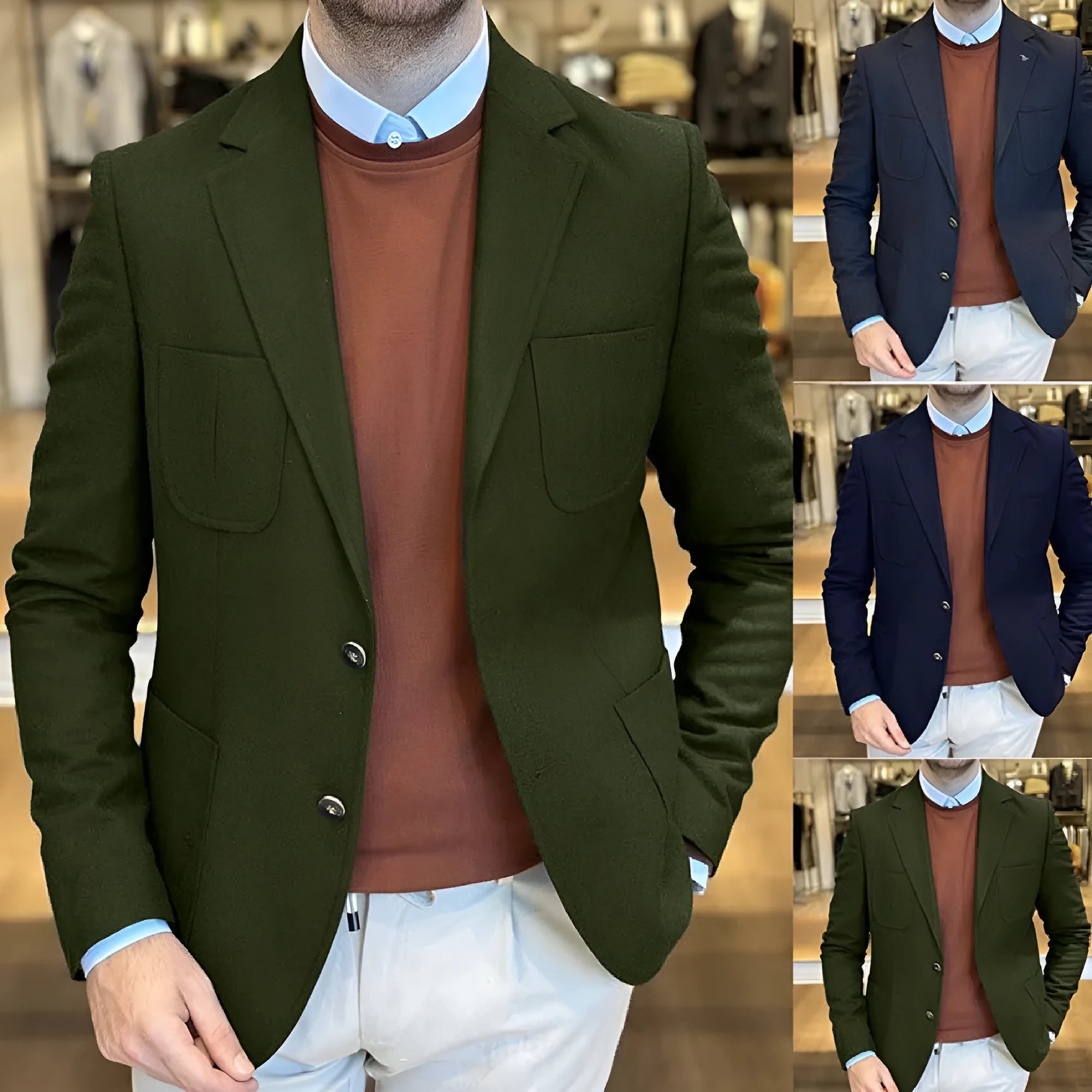 Men's loose fit cotton retro suit jacket in army green colour with tailored casual styling