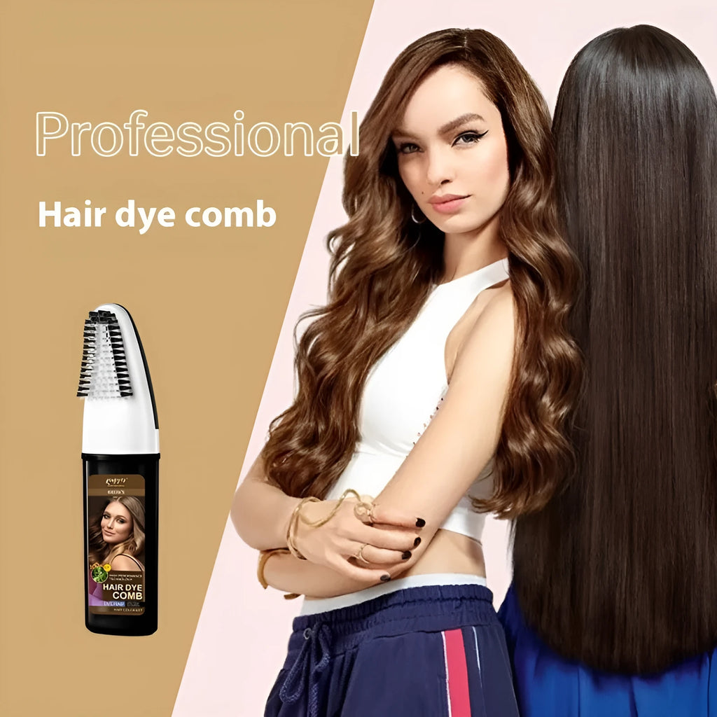 Hair dye kit with easy-colour comb applicator showing black, wine red, brown, and dark brown 200ml bottles