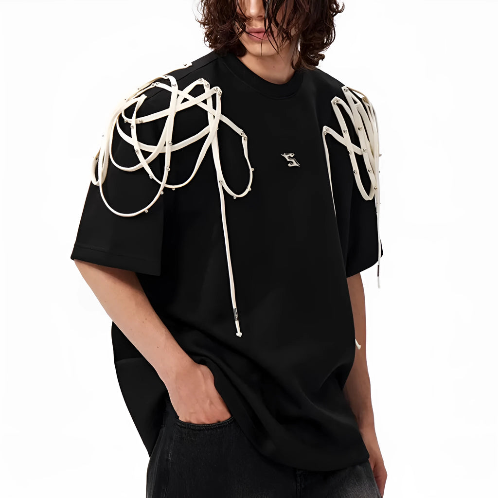 Black loose fit short-sleeved T-shirt with rivet ribbon padded shoulder detail