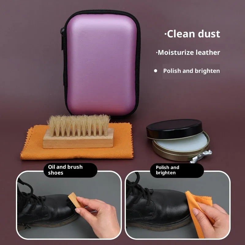 Leather shoe care set with black or colourless maintenance oil, shoe brush, and black bag