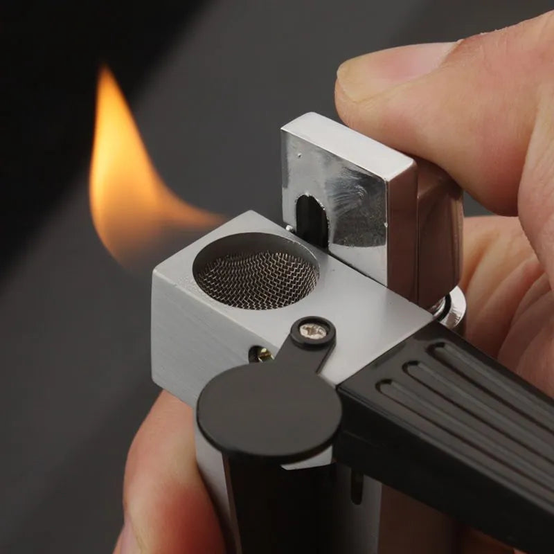 Silver and black foldable metal pipe lighter showing open and closed positions with refillable butane valve