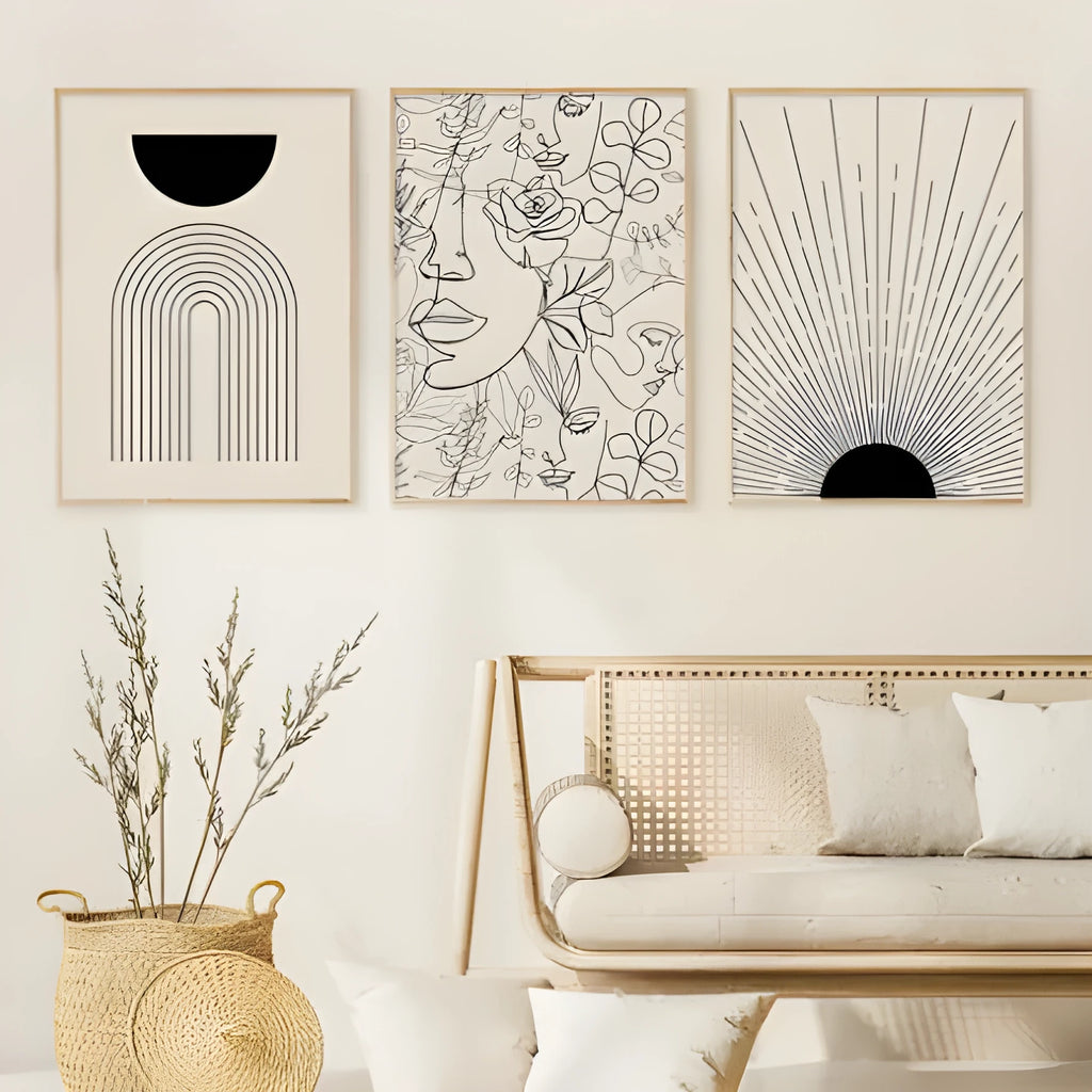 Boho abstract canvas painting with animal subject in linear spray paint design