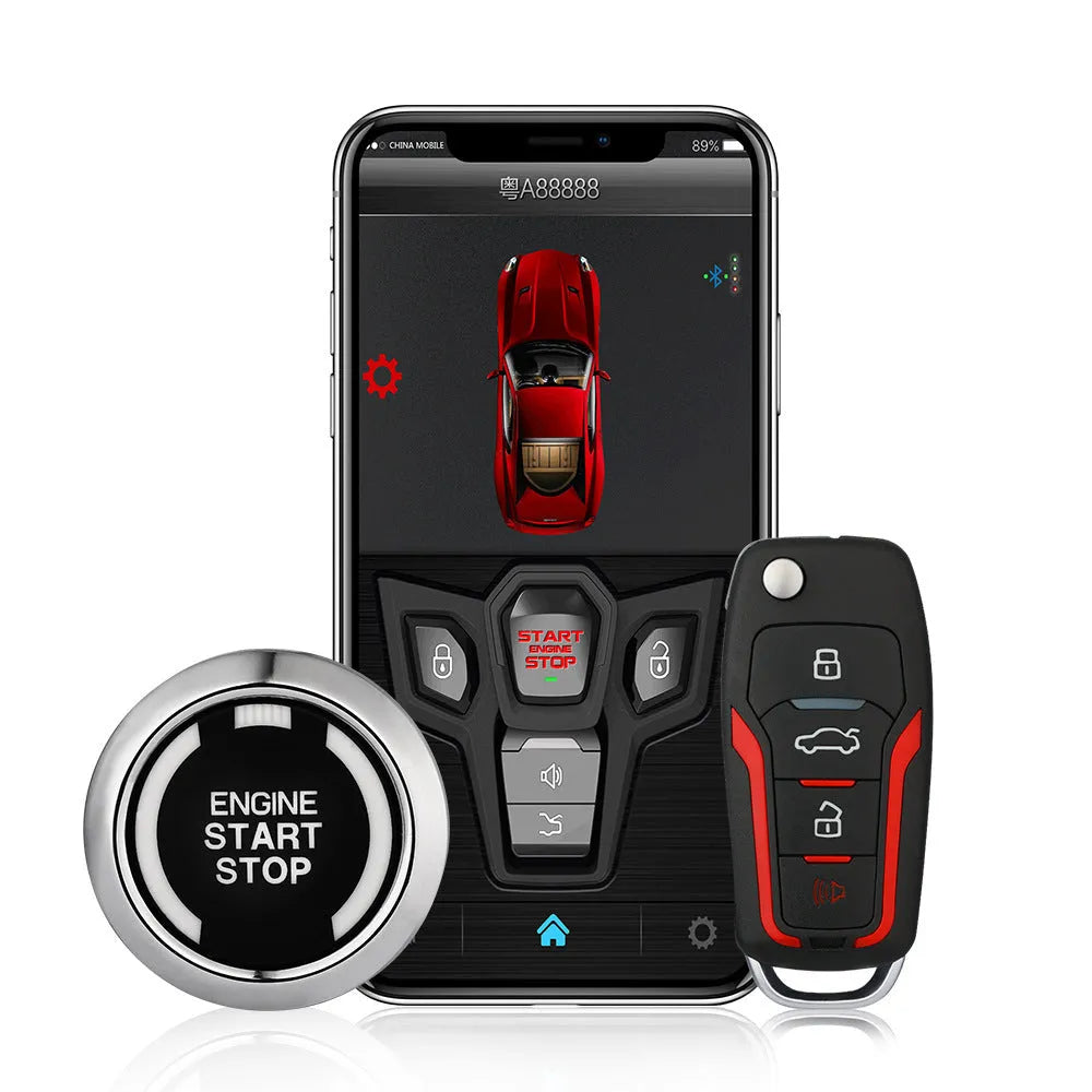 Red and frosted black one-way remote control car alarm with two remotes for vehicle security.