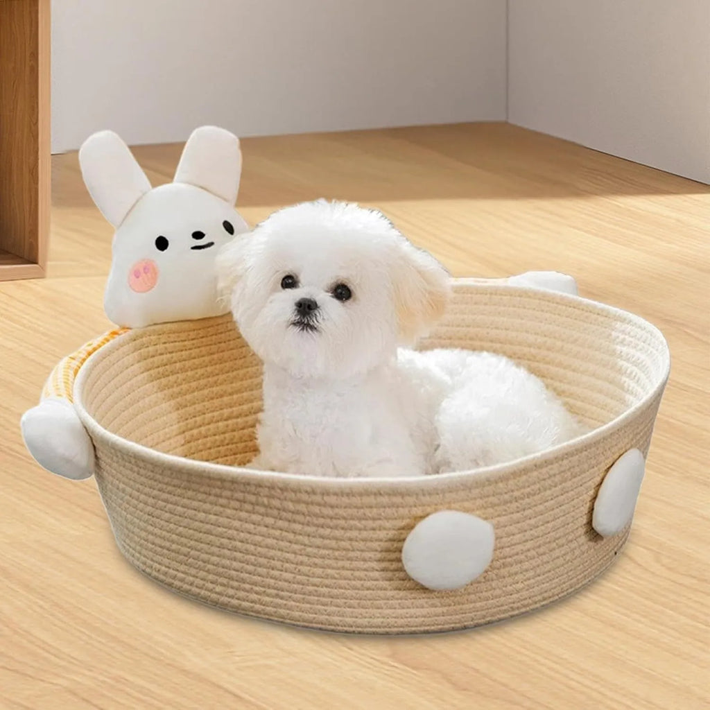 Woven cotton rope cat bed basket with scratching board in rabbit pattern design