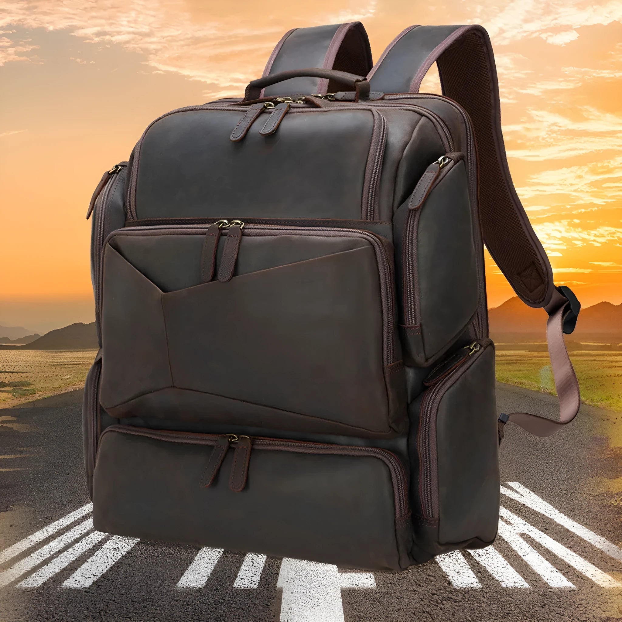 Dark brown genuine leather men's backpack showing 17-inch computer compartment and multiple interior pockets