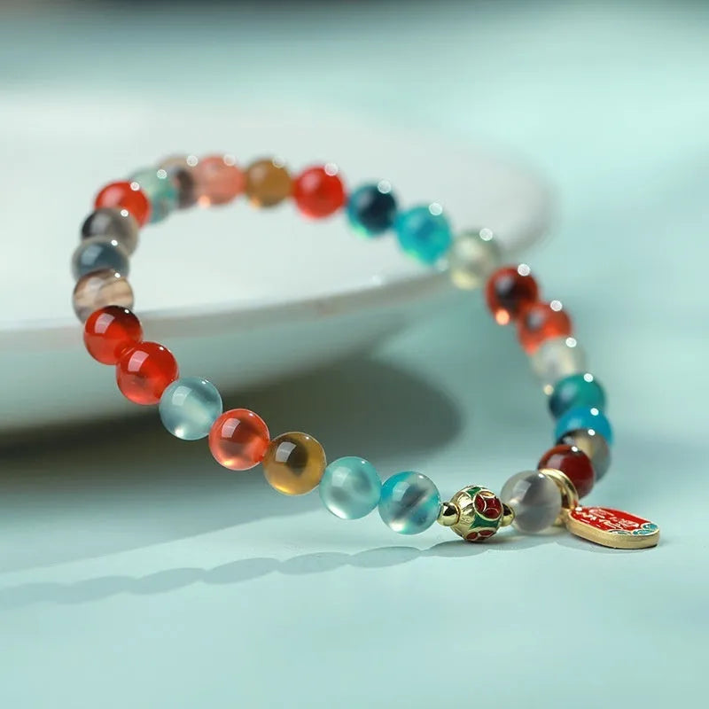 Women's natural agate bracelet with colourful sugar heart glaze and copper coin snake design in geometric style