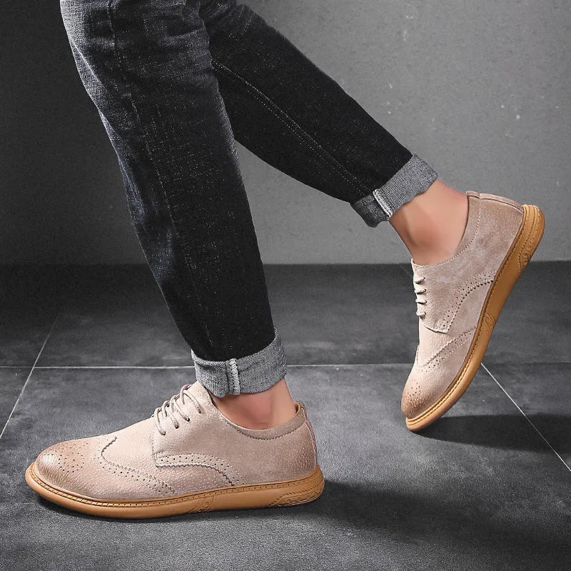 Men's grey leather business shoes with lace-up design and rubber sole