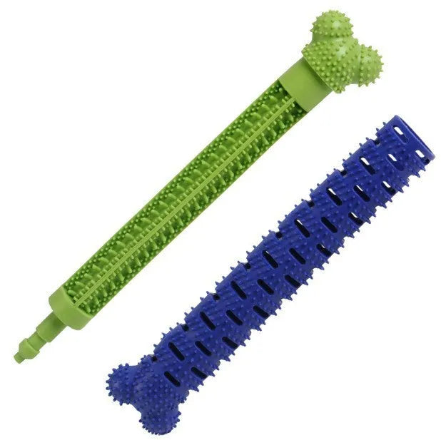 Blue-green 25cm long dog molar tooth cleaner chew toy with silicone bristles and massage nodules