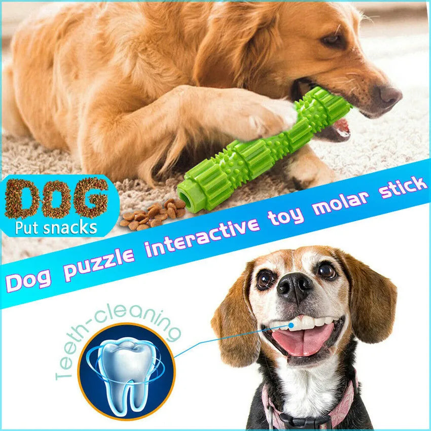 Green and orange bone-shaped rubber dog chew toy for aggressive chewers with treat hole and textured surface.