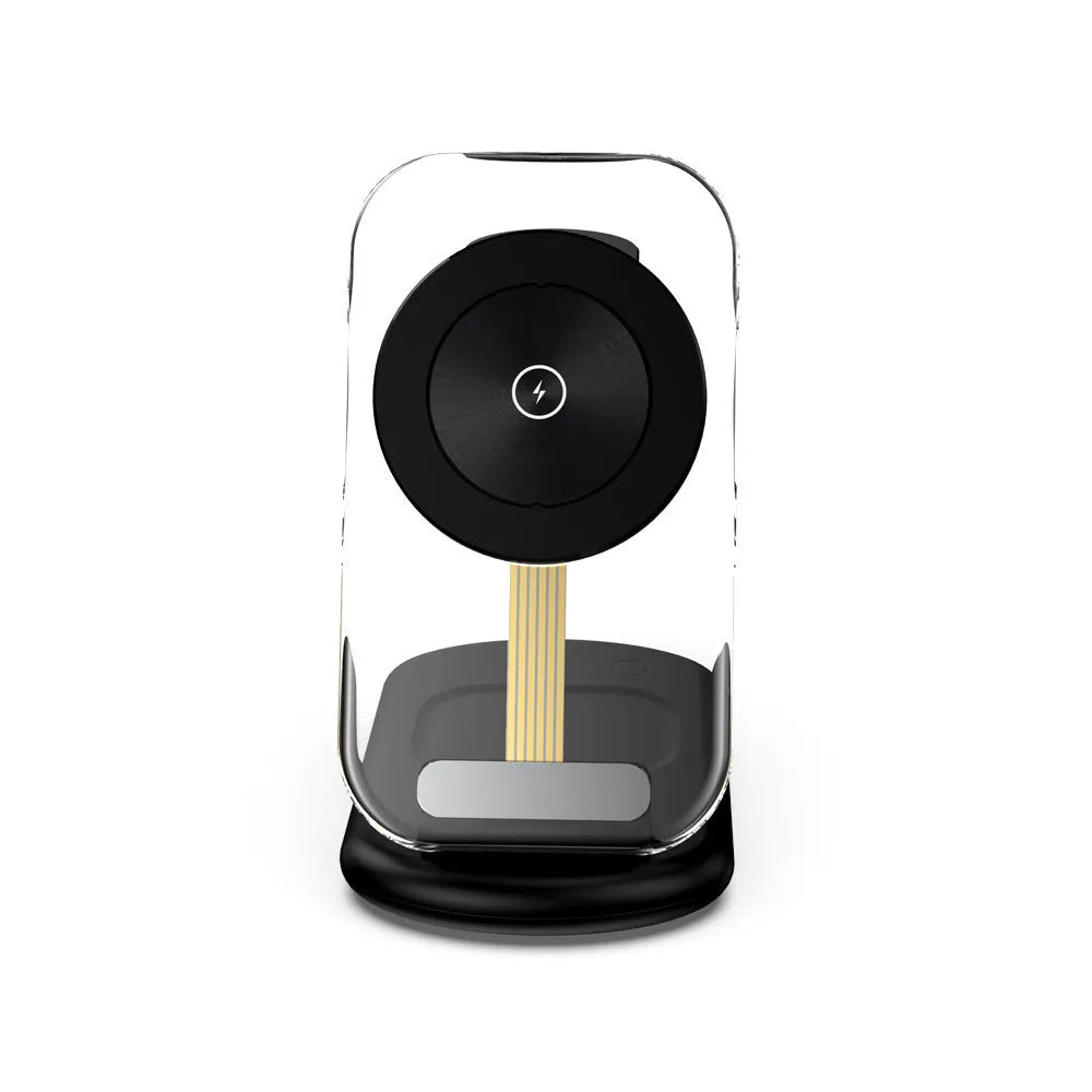Transparent folding magnetic wireless charger showing internal components with black or white casing options