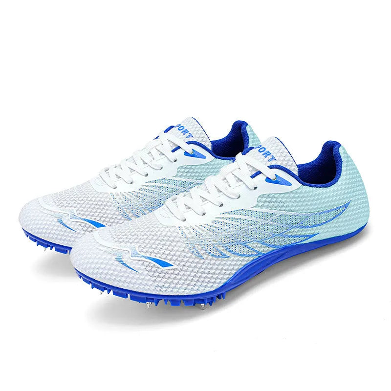 Track and field spiked shoes in White Royal Blue and White Light Blue with mesh upper, PVC sole, and front tie up fastening, sizes 36 to 45