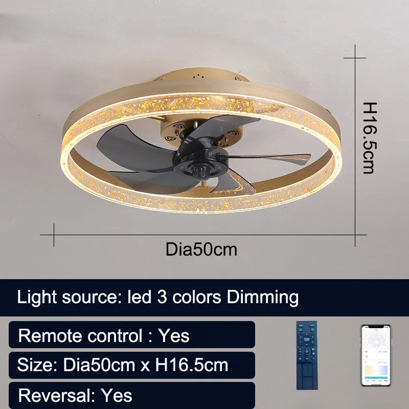 Nordic-style ceiling fan lamp with remote control, 50cm diameter in coffee gold finish