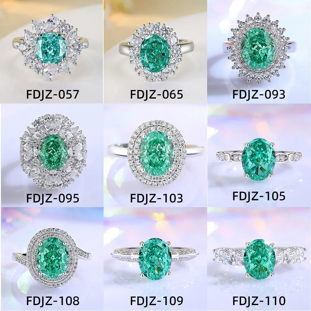 Women's S925 silver emerald ring with geometric band and oval-cut high-carbon diamond centre stone.