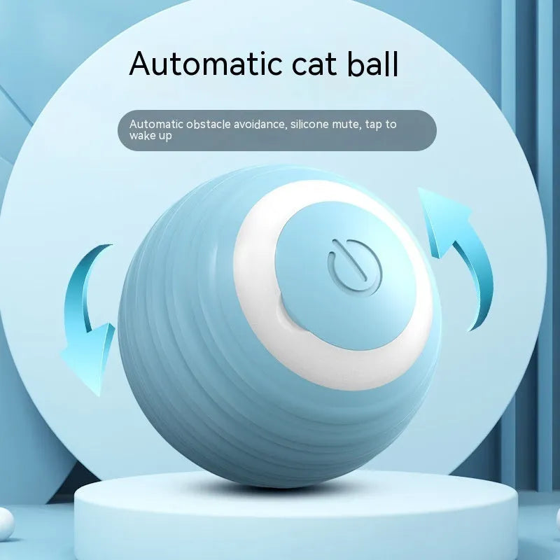 Blue automatic self-moving cat toy ball with rechargeable battery bouncing on floor