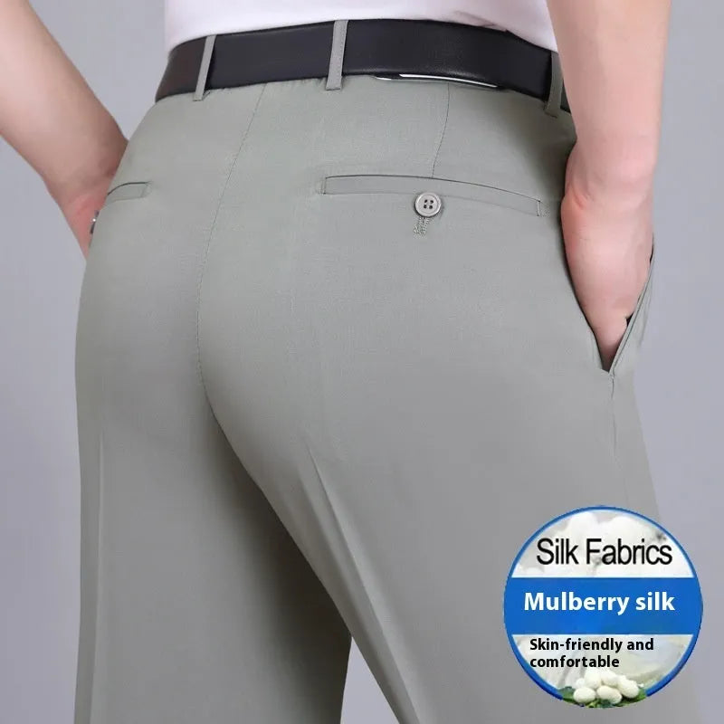 Men's straight-leg business trousers with high waist in mulberry silk fabric available in dark blue, black, and khaki colours