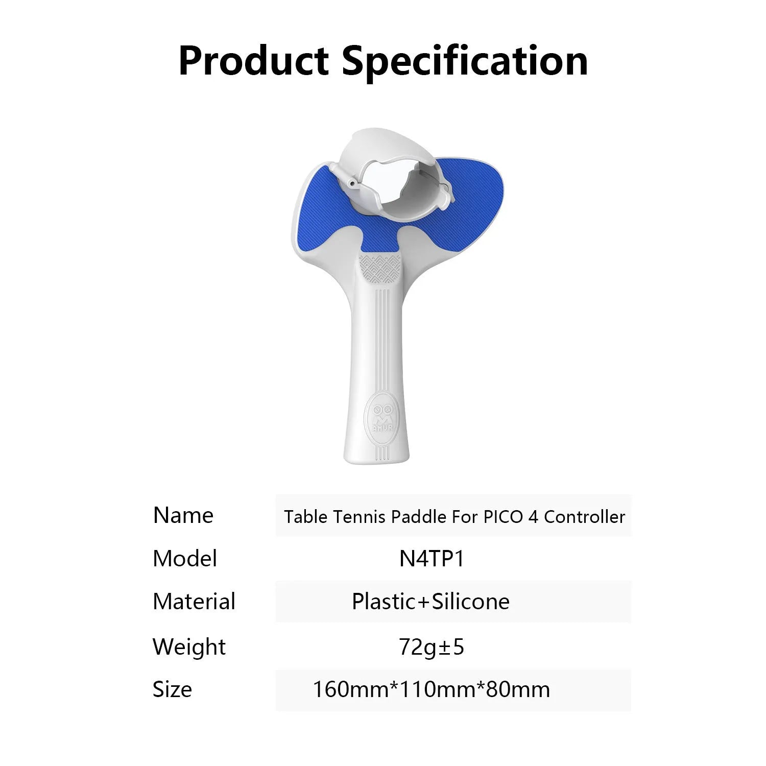 Red and blue plastic silicone table tennis racket hand grip accessory for Pico 4 VR controller showing 160x110x80mm dimensions