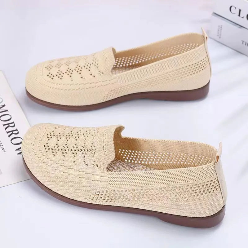 Beige elderly antiskid mesh sneakers for women with Flyknit lining and PVC sole