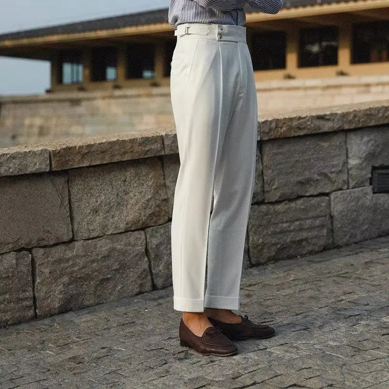Men's slim fit straight leg suit trousers in black white and apricot for business formal wear