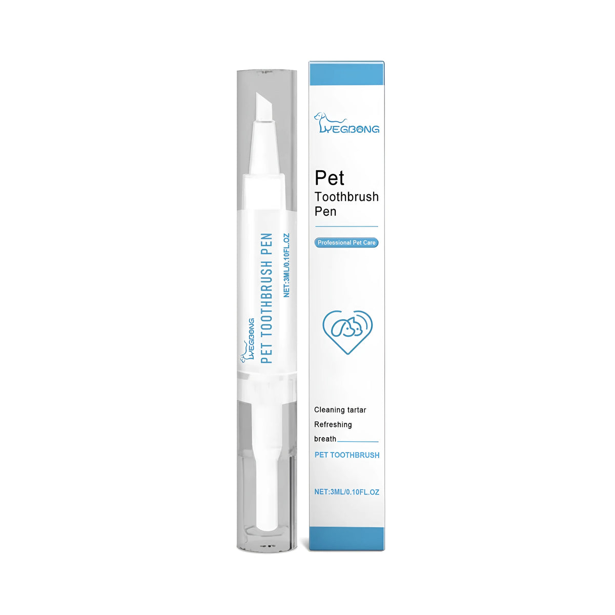 Pet teeth cleaning and care brush with 3ml toothpaste reservoir and dual-action brush head.