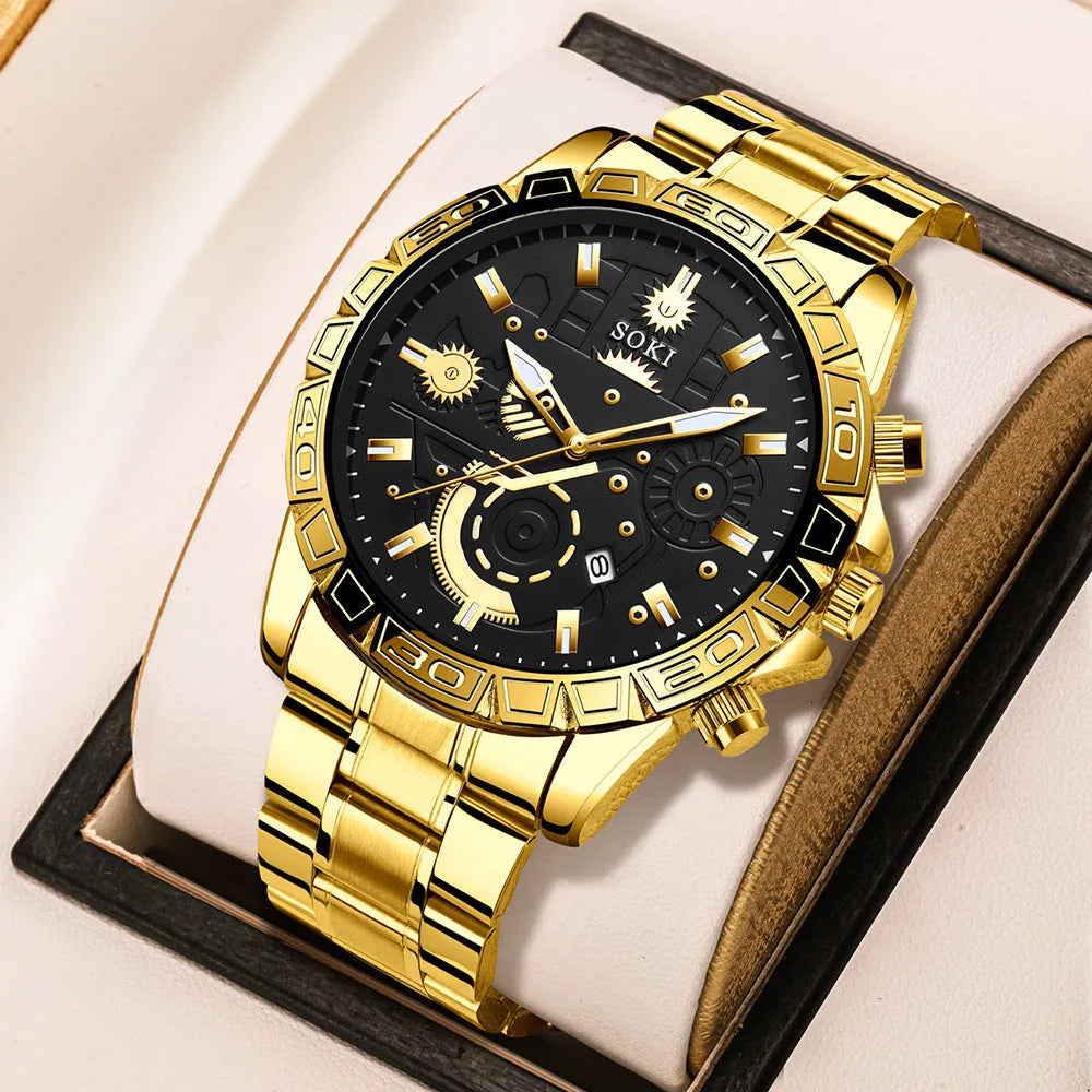 Men's gold stainless steel business quartz watch with calendar display on dial