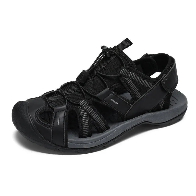Men's blue and black summer casual shoes with mesh upper, rubber sole, and Velcro strap.