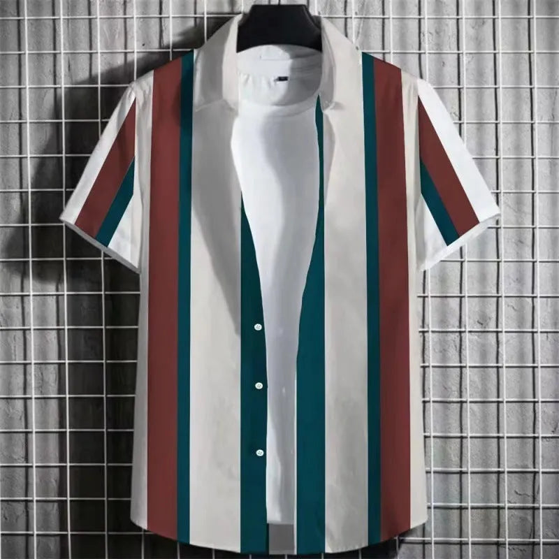 Man wearing a linen t-shirt with a striped and 3D printed graphic design.