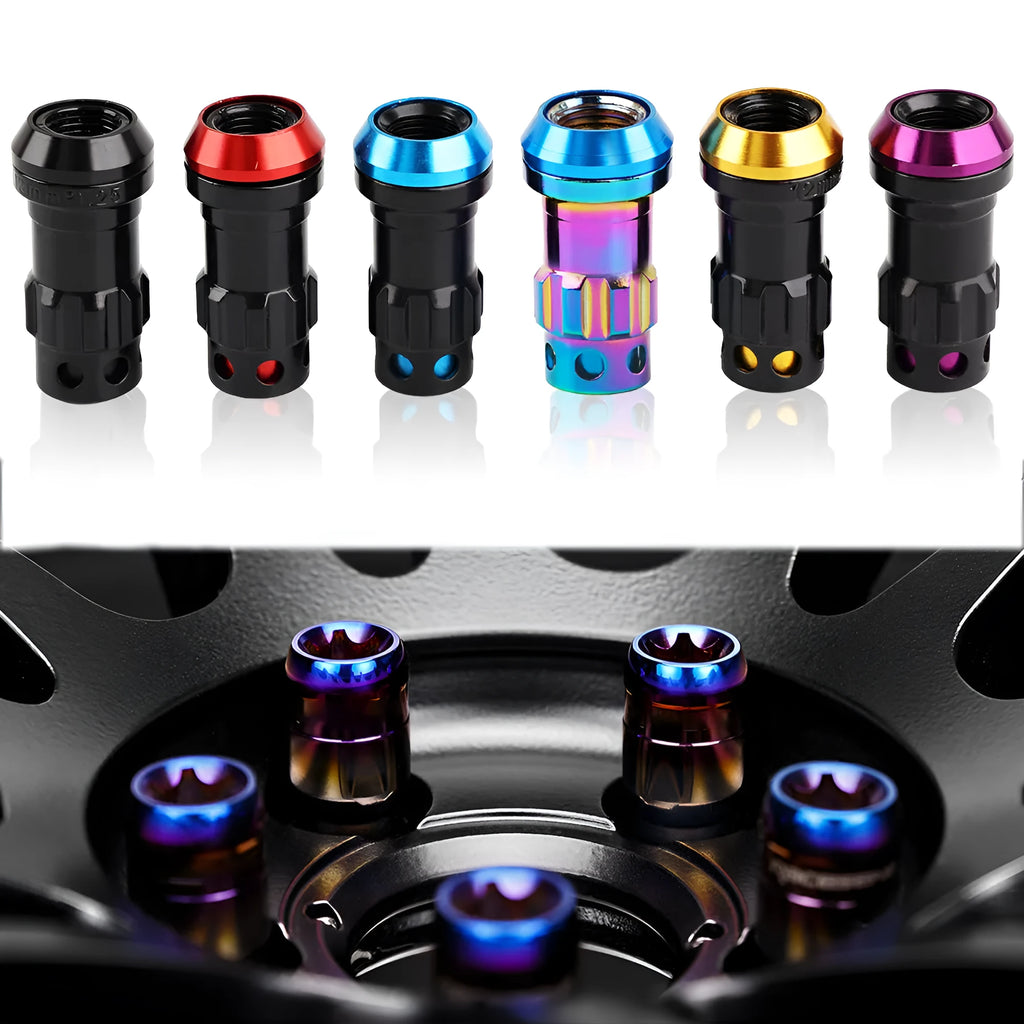 Set of aluminium alloy universal flat head wheel hub nuts in various colour options including red, blue, gold, purple, and black combinations.