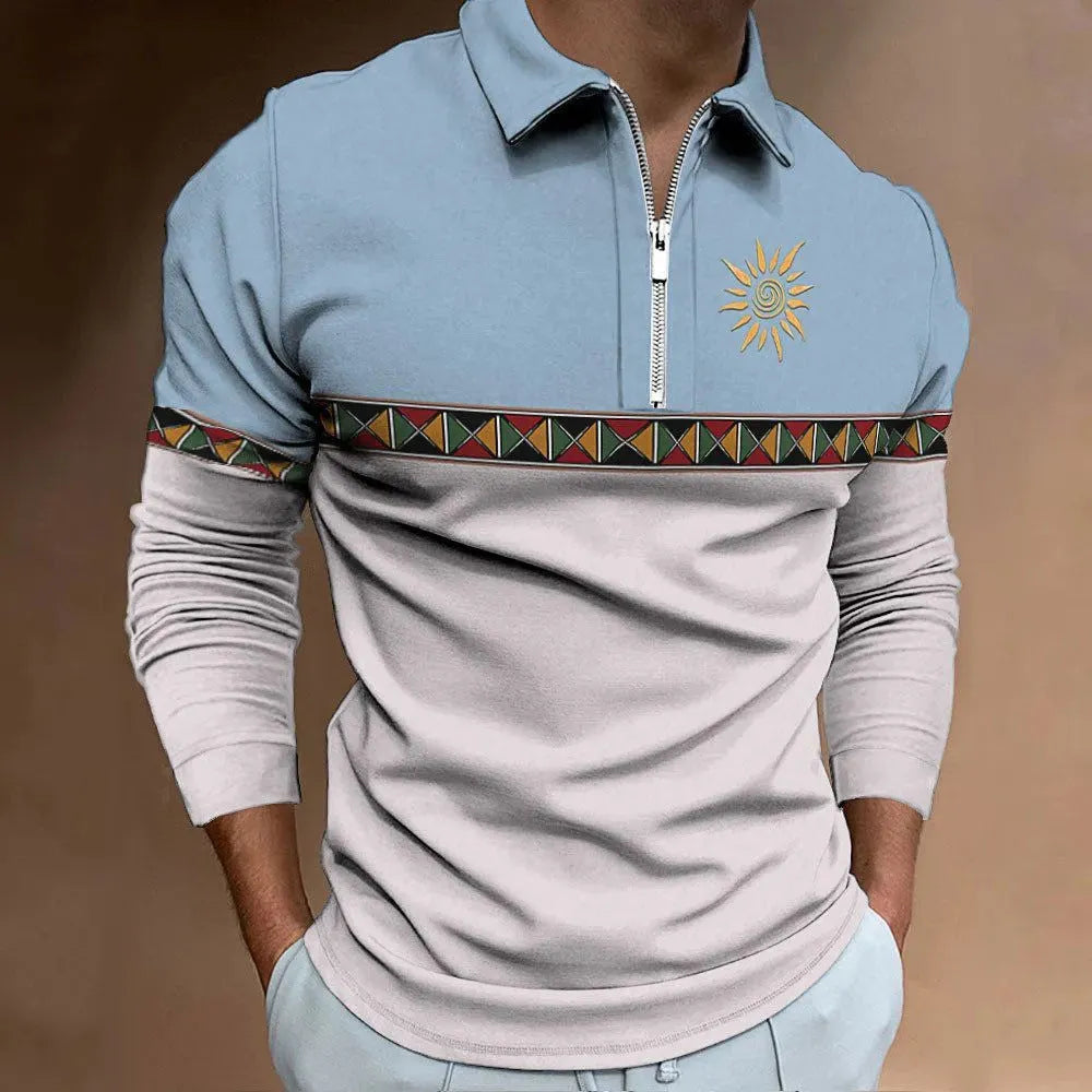 Men's loose fit long sleeve T-shirt with retro colour printing and zip details on striped fabric