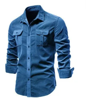 Men's casual long-sleeve linen shirt shown in multiple colours including denim blue, army green, and red.
