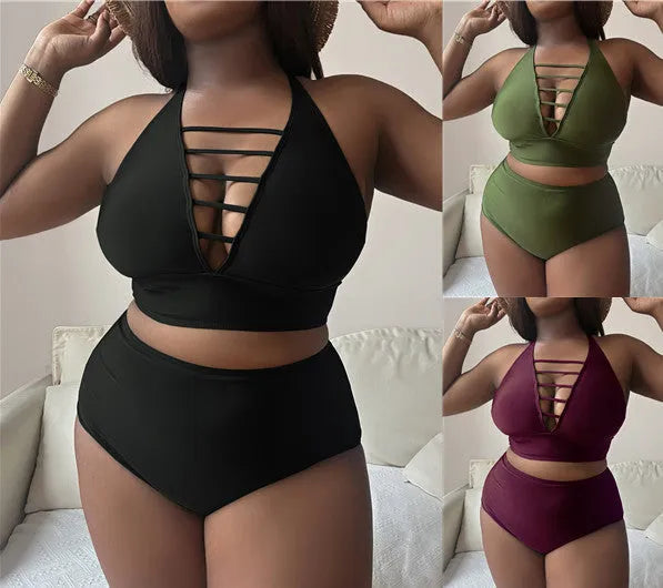 Plus size halter bikini set with adjustable cross straps and high-waist briefs in solid colour