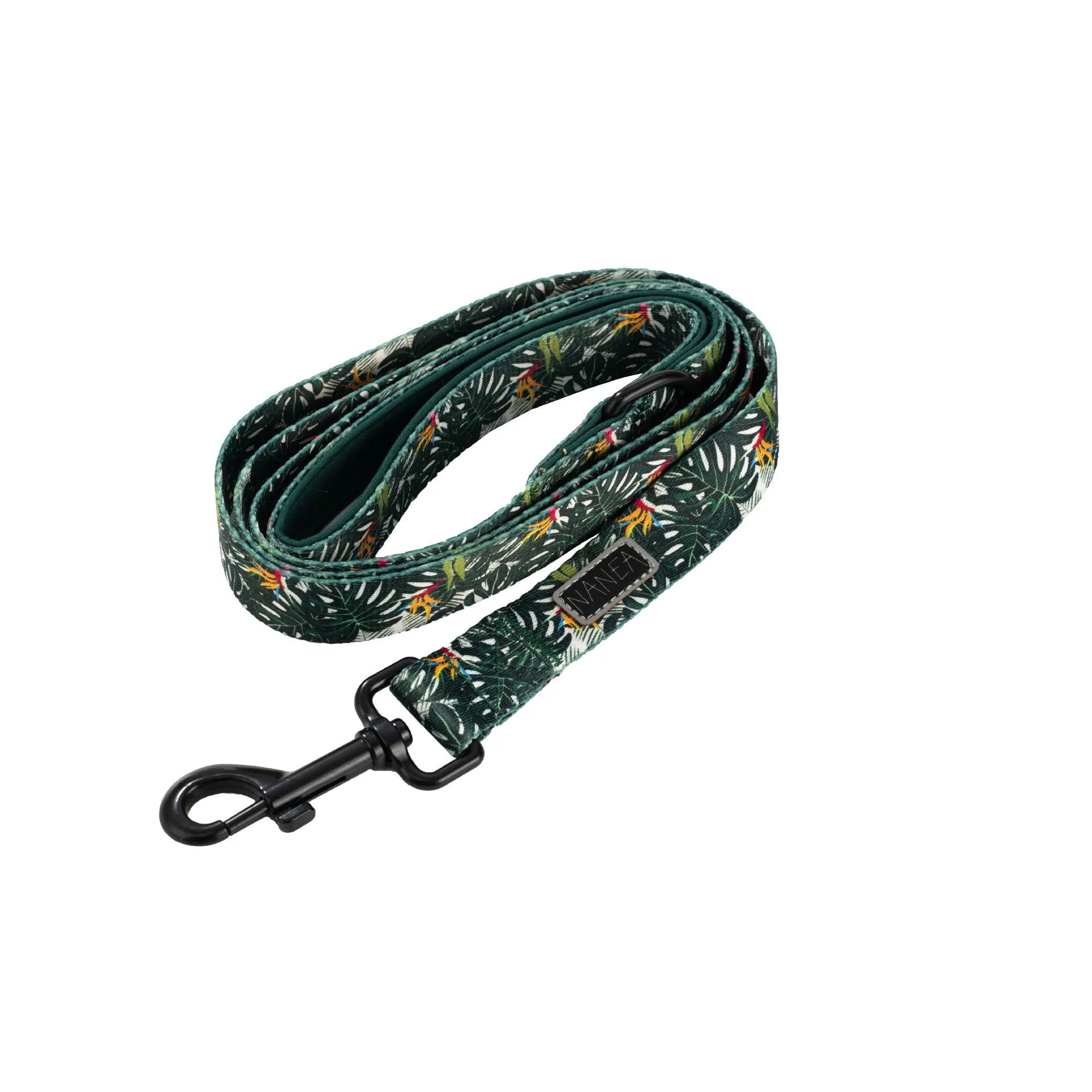 Six-piece dog harness set showing cloth vest, leash, collar, waste bag, bow tie, and scarf laid out