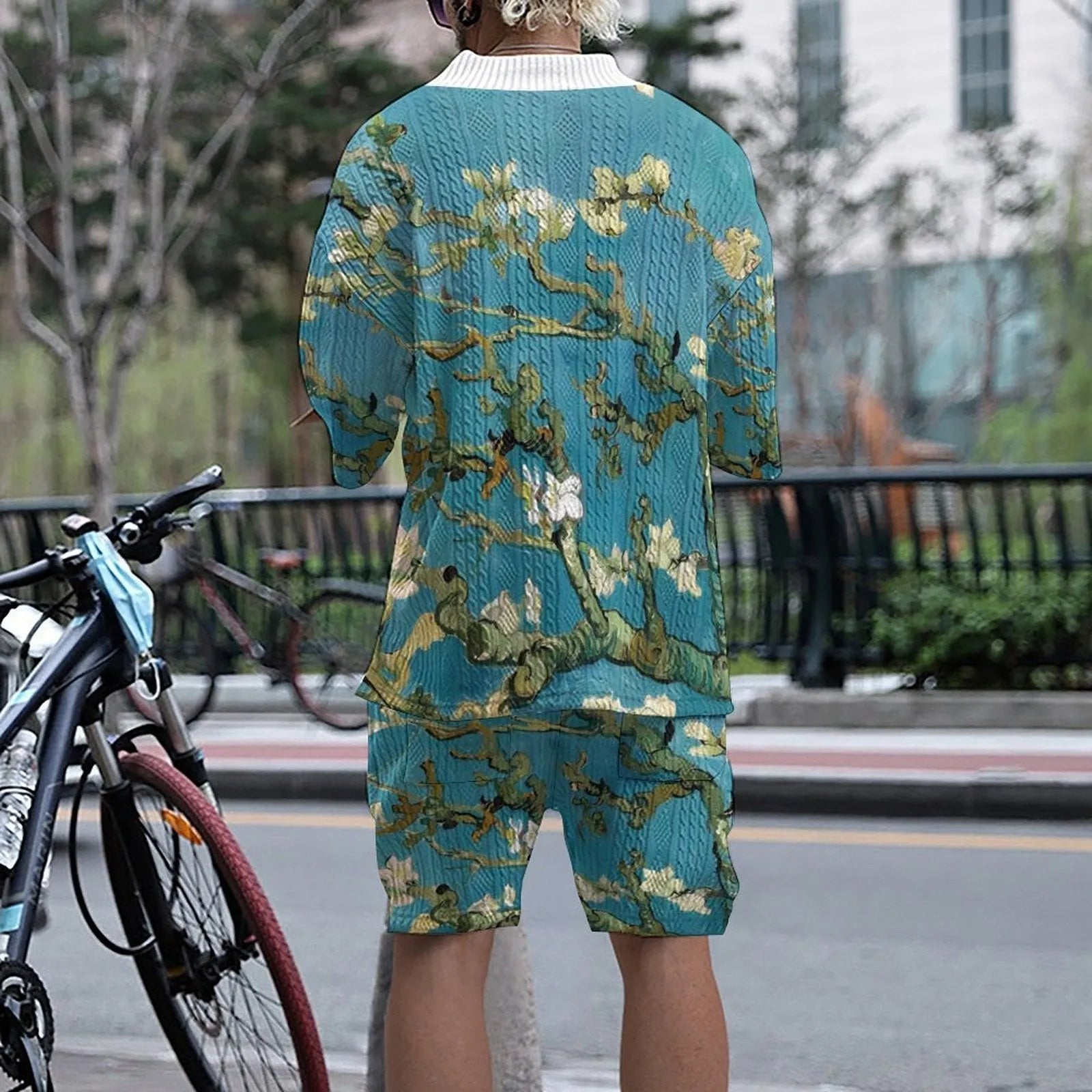 Men's peacock blue 3D printed knitted shorts suit with matching T-shirt jacket