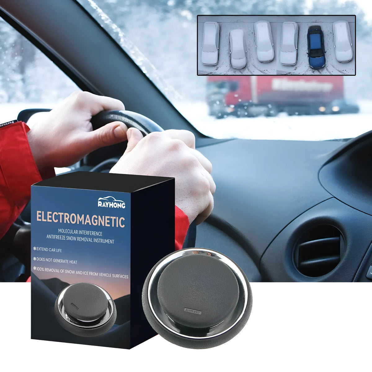 Compact black portable car deicing and snow melting instrument, 7.4 cm square.