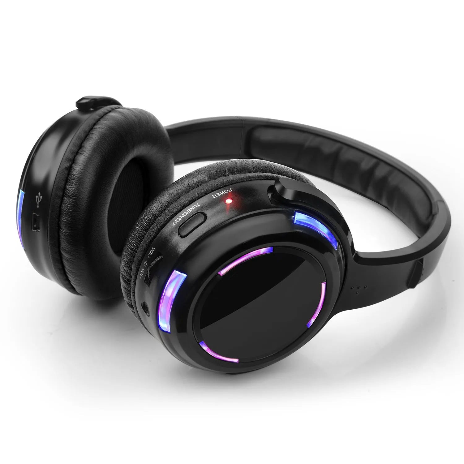 Black silent disco wireless headphones with head-mounted design and 3.5mm connection cable