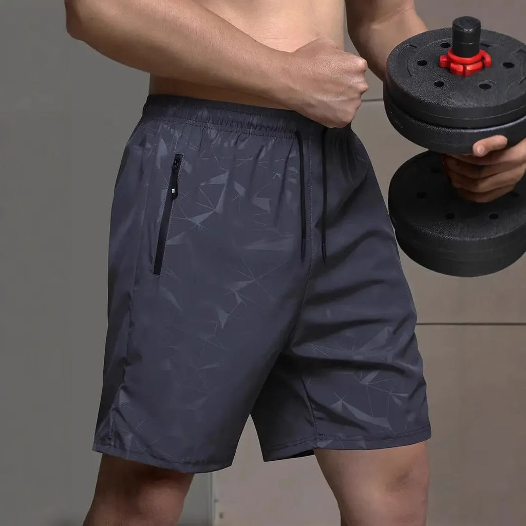 Men's loose-fitting polyester sports shorts in three colour options with printed design