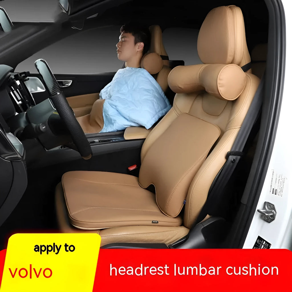 Brown car headrest, neck pillow and lumbar support cushions with synthetic fibre filling