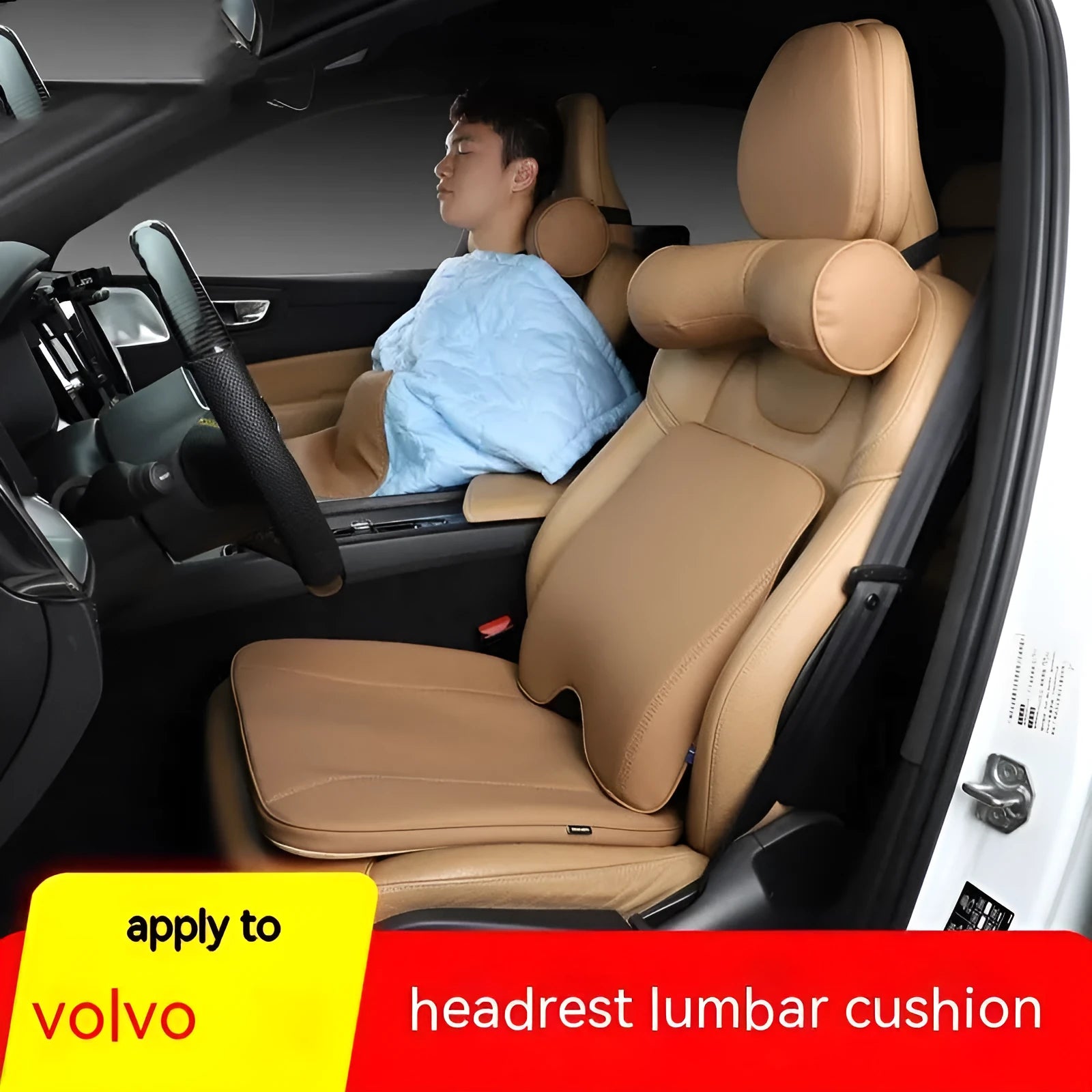 Brown car headrest, neck pillow and lumbar support cushions with synthetic fibre filling